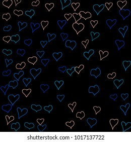 Hand drawn hearts. Background.  Pretty simple pattern with falling hearts for Valentine cards, posters, banners. Vector holiday background. Romantic love motif. Falling confetti.
