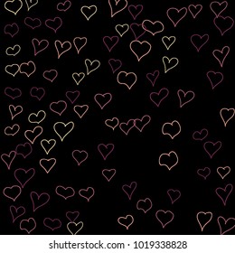 Hand drawn hearts. Background.  Pretty simple pattern with falling hearts for Valentine decoration, cards, banners, posters. Vector holiday background. Romantic love motif. Falling confetti.