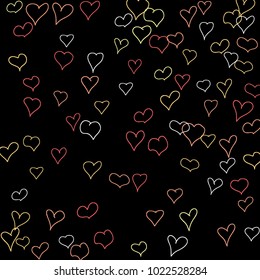 Hand drawn hearts. Background.  Pretty simple pattern with falling hearts for Valentine decoration, cards, banners, posters. Vector holiday background. Romantic love motif. Falling confetti.