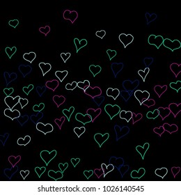 Hand drawn hearts. Background.  Pretty simple pattern with falling hearts for cards, posters, banners, Valentine decoration. Vector holiday background. Romantic love motif. Falling confetti.