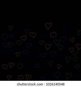 Hand drawn hearts. Background.  Pretty simple pattern with falling hearts for Valentine cards, posters, banners. Vector holiday background. Romantic love motif. Falling confetti.