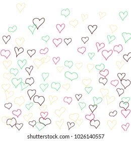 Hand drawn hearts. Background.  Pretty simple pattern with falling hearts for Valentine decoration, cards, banners, posters. Vector holiday background. Romantic love motif. Falling confetti.