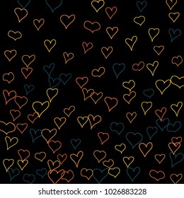 Hand drawn hearts. Background.  Pretty simple pattern with falling hearts for Valentine cards, posters, banners. Vector holiday background. Romantic love motif. Falling confetti.