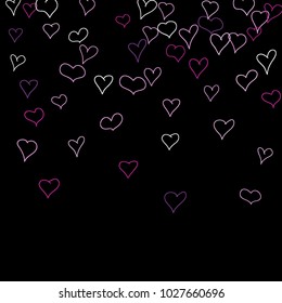 Hand drawn hearts. Background.  Pretty simple pattern with falling hearts for Valentine decoration, cards, banners, posters. Vector holiday background. Romantic love motif. Falling confetti.