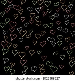 Hand drawn hearts. Background.  Pretty simple pattern with falling hearts for Valentine decoration, cards, banners, posters. Vector holiday background. Romantic love motif. Falling confetti.