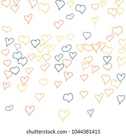 Hand drawn hearts. Background.  Pretty simple pattern with falling hearts for Valentine decoration, cards, banners, posters. Vector holiday background. Romantic love motif. Falling confetti.