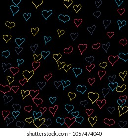 Hand drawn hearts. Background.  Pretty simple pattern with falling hearts for cards, posters, banners, Valentine decoration. Vector holiday background. Romantic love motif. Falling confetti.