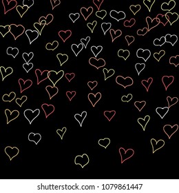 Hand drawn hearts. Background.  Pretty simple pattern with falling hearts for Valentine decoration, cards, banners, posters. Vector holiday background. Romantic love motif. Falling confetti.