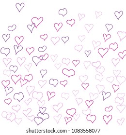 Hand drawn hearts. Background.  Pretty simple pattern with falling hearts for cards, posters, banners, Valentine decoration. Vector holiday background. Romantic love motif. Falling confetti.