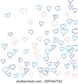 Hand drawn hearts. Background.  Pretty simple pattern with falling hearts for Valentine decoration, cards, banners, posters. Vector holiday background. Romantic love motif. Falling confetti.