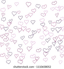 Hand drawn hearts. Background.  Pretty simple pattern with falling hearts for Valentine cards, posters, banners. Vector holiday background. Romantic love motif. Falling confetti.