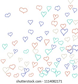 Hand drawn hearts. Background.  Pretty simple pattern with falling hearts for Valentine cards, posters, banners. Vector holiday background. Romantic love motif. Falling confetti.