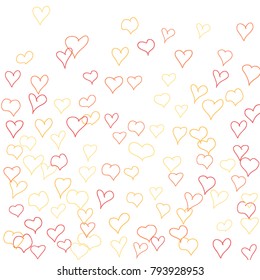 Hand drawn hearts. Background.  Pretty simple pattern with falling hearts for Valentine decoration, cards, banners, posters. Vector holiday background. Romantic love motif. Falling confetti.