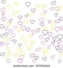 Hand drawn hearts. Background.  Trendy simple pattern with falling hearts for Valentine decoration, cards, banners, posters. Vector holiday background. Romantic love motif. Falling confetti.