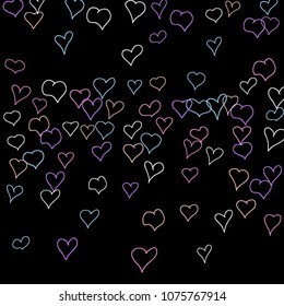 Hand drawn hearts. Background.  Trendy simple pattern with falling hearts for Valentine decoration, cards, banners, posters. Vector holiday background. Romantic love motif. Falling confetti.