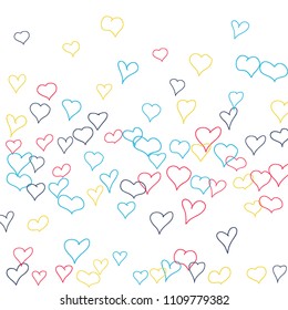 Hand drawn hearts. Background.  Trendy simple pattern with falling hearts for Valentine decoration, cards, banners, posters. Vector holiday background. Romantic love motif. Falling confetti.