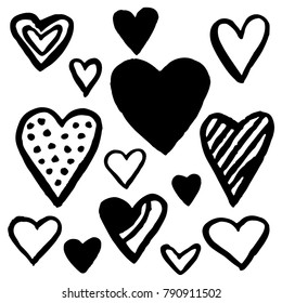Hand drawn hearts in black isolated over white. Valentine's day symbols set. Romantic vector illustration.