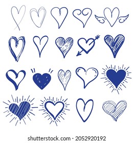 Hand Drawn hearts. Blue pen Hearts Set. Doodle Style Different shapes and styles of hearts. Isolated on white background. Isolated hearts illustrations. Vector Design Elements  for graphic design.