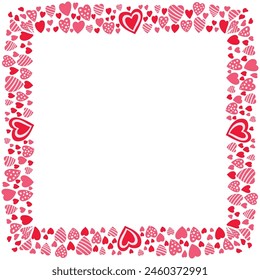 Borde de corazones dibujados a mano y marco sobre fondo blanco.
