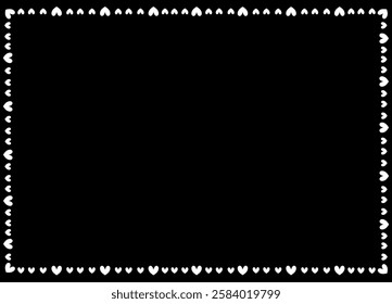 Hand drawn hearts border and frame on black background.