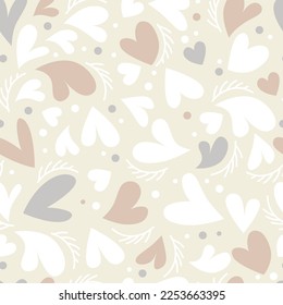 Hand drawn hearts with branches and dots seamless pattern in beige, brown and gray tones. Vector repeat pattern