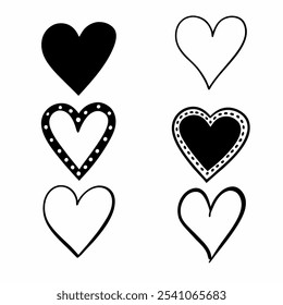 Vector dibujado a mano del sistema de la textura negra del doodle del movimiento del cepillo de los corazones aislado en el fondo blanco