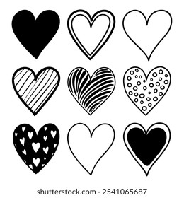 Hand drawn hearts brush stroke doodle black texture set vector isolated on white background