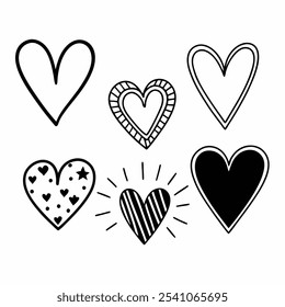 Hand drawn hearts brush stroke doodle black texture set vector isolated on white background