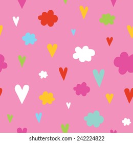 Hand drawn hearts and clouds seamless vector pattern