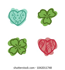 Hand drawn hearts and clover leafs - vector illustration