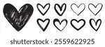 Hand drawn hearts collection. Artistic brush drawn bold line linear grungy heart shapes, silhouettes, outlines. Valentines day artistic templates set. Rough, textured edge. Graphic design elements.