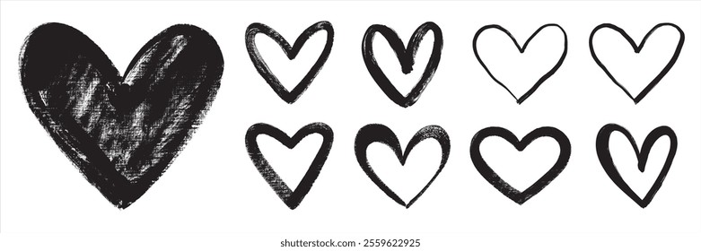 Hand drawn hearts collection. Artistic brush drawn bold line linear grungy heart shapes, silhouettes, outlines. Valentines day artistic templates set. Rough, textured edge. Graphic design elements.