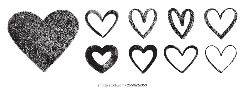 Hand drawn hearts collection. Artistic brush crayon pastel charcoal chalk drawn bold line linear heart shapes. Valentine's day artistic templates set. Rough, textured edge. Graphic design elements.