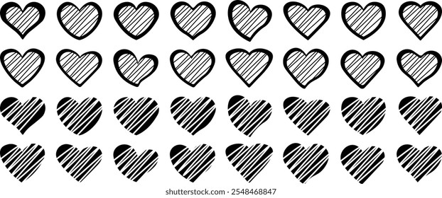 Hand drawn hearts. Collection of different black heart illustration. Romance or valentine's day red heart. Love heart different shapes vector. vector illustration