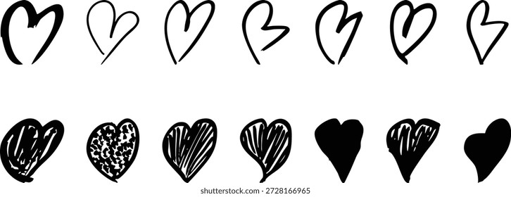 Colección de corazones dibujados a mano. Varios garabatos rojos del corazón rosado. Lindo Vector de San Valentín dibujado a mano. Los diseños del corazón varían en tamaño y forma. Elementos románticos del día de San Valentín