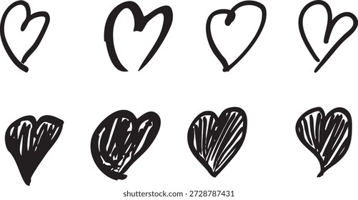 Colección de corazones dibujados a mano. Varios garabatos rojos del corazón rosado. Lindo Vector de San Valentín dibujado a mano. Los diseños del corazón varían en tamaño y forma. Elementos románticos del día de San Valentín