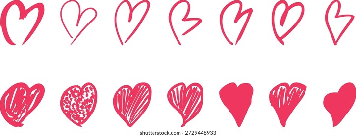 Colección de corazones dibujados a mano. Varios garabatos rojos del corazón rosado. Lindo Vector de San Valentín dibujado a mano. Los diseños del corazón varían en tamaño y forma. Elementos románticos del día de San Valentín