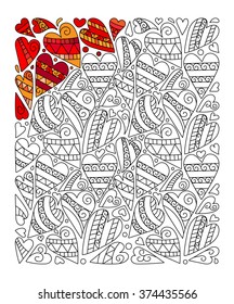 Hand drawn hearts coloring page. Doodle.