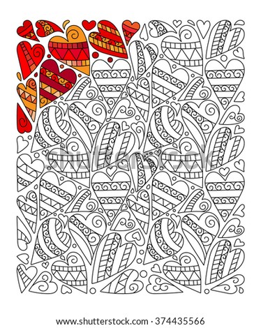 Hand drawn hearts coloring page. Doodle.