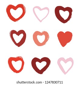 Hand drawn hearts. Design elements for Valentine's day. Heart shape vector, love illustration, graphic icon, red doodle background.