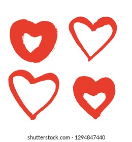 Hand drawn hearts. Design elements for Valentine's day. Heart shape vector, love illustration, graphic icon, red doodle background.