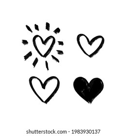 Hand drawn hearts. Design elements for Valentine's day. Hand drawn rough marker hearts isolated on white background. Set of unique hand drawn hearts. Painted design elements.