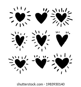 Hand drawn hearts. Design elements for Valentine's day. Hand drawn rough marker hearts isolated on white background. Set of unique hand drawn hearts. Painted design elements.