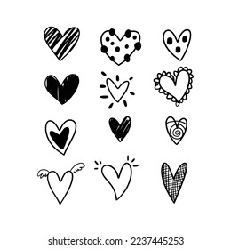 Hand drawn hearts. Design elements for Valentine's day. Hand drawn rough marker hearts isolated on white background. Set of unique hand drawn hearts. Painted design elements.