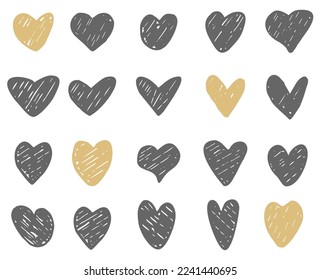 Hand drawn hearts. Design elements for Valentine's day. Doodle hearts, hand drawn love heart collection. Set of hand drawn heart. Hand drawn rough marker hearts isolated on white background. Vector
