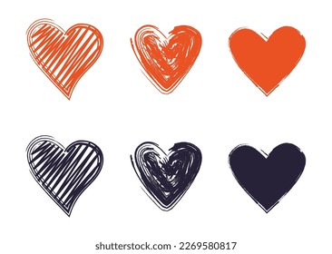 La mano atrajo corazones. Diseñar elementos para el día de San Valentín. Colección de ilustraciones del corazón, conjunto de iconos de símbolo de amor, vector de símbolo de amor.