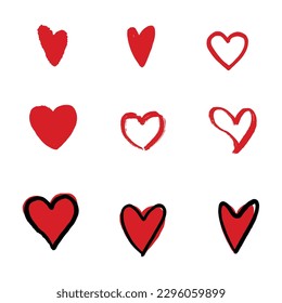 Hand drawn hearts. Design elements for Valentine's day. Hand drawn rough marker hearts isolated on white background. Set of unique hand drawn hearts. Painted design elements.