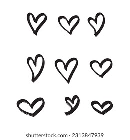 Hand drawn hearts. Design elements for Valentine's day. Hand drawn rough marker hearts isolated on white background. Set of unique hand drawn hearts. Painted design elements.