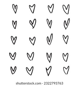 Hand drawn hearts. Design elements for Valentine's day. Hand drawn rough marker hearts isolated on white background. Set of unique hand drawn hearts. Painted design elements.