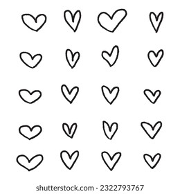 Hand drawn hearts. Design elements for Valentine's day. Hand drawn rough marker hearts isolated on white background. Set of unique hand drawn hearts. Painted design elements.